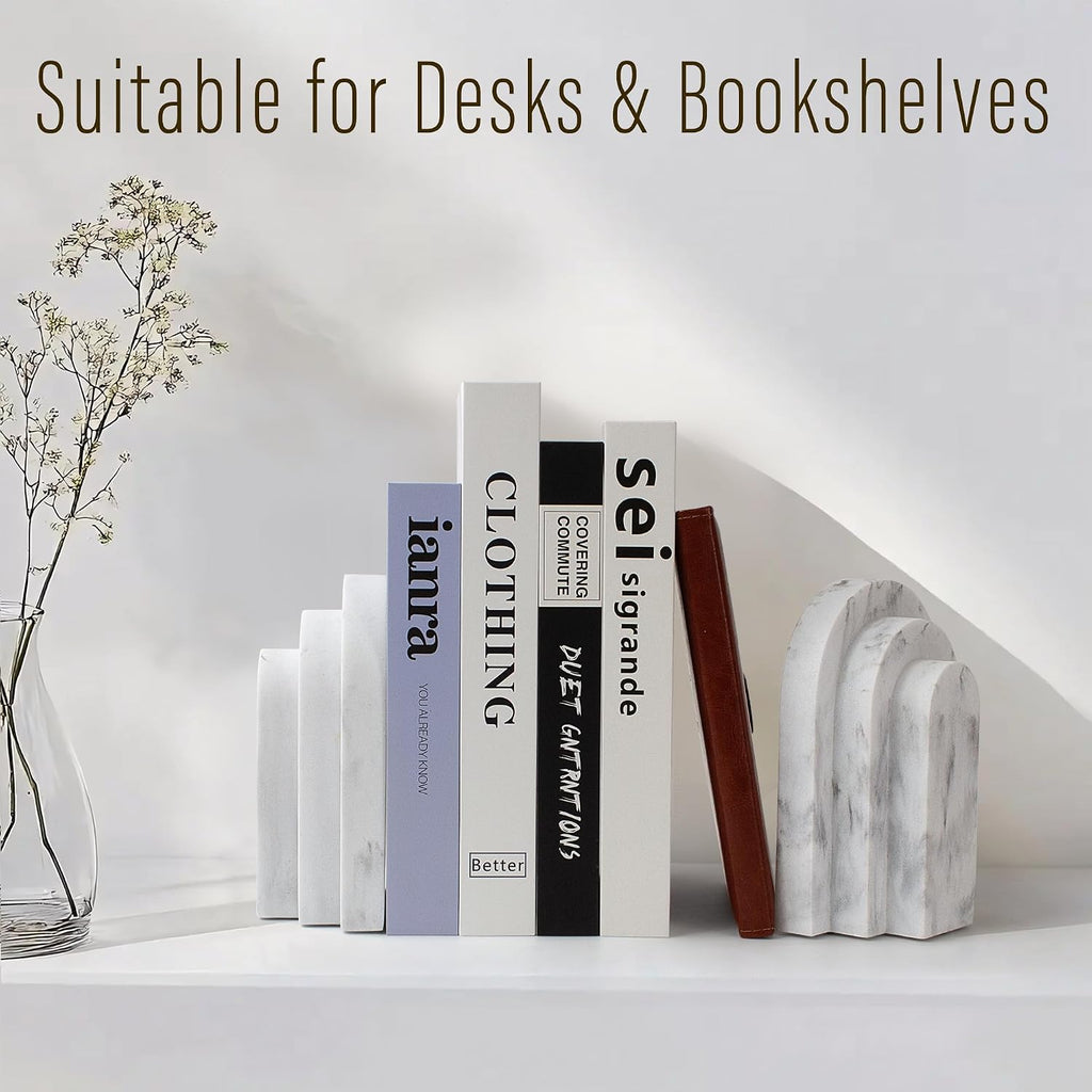 LIN CHUAN Heavy Duty Bookends for Shelves, Set of 2, Marble White Look