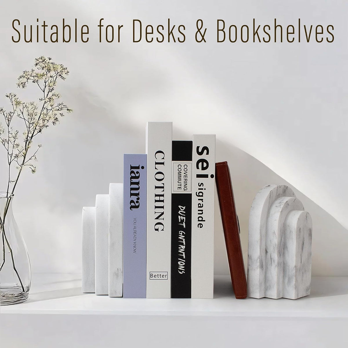 LIN CHUAN Heavy Duty Bookends for Shelves, Set of 2, Marble White Look