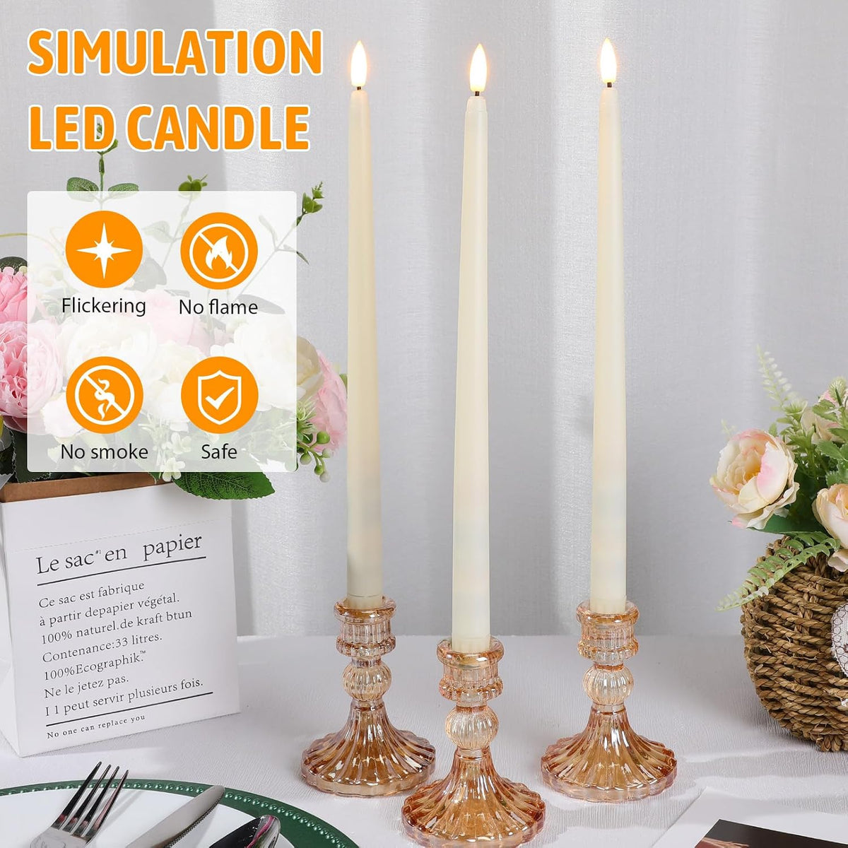 Baquler 50 Pcs 12.4 Ivory Flameless Taper Candles Bulk
