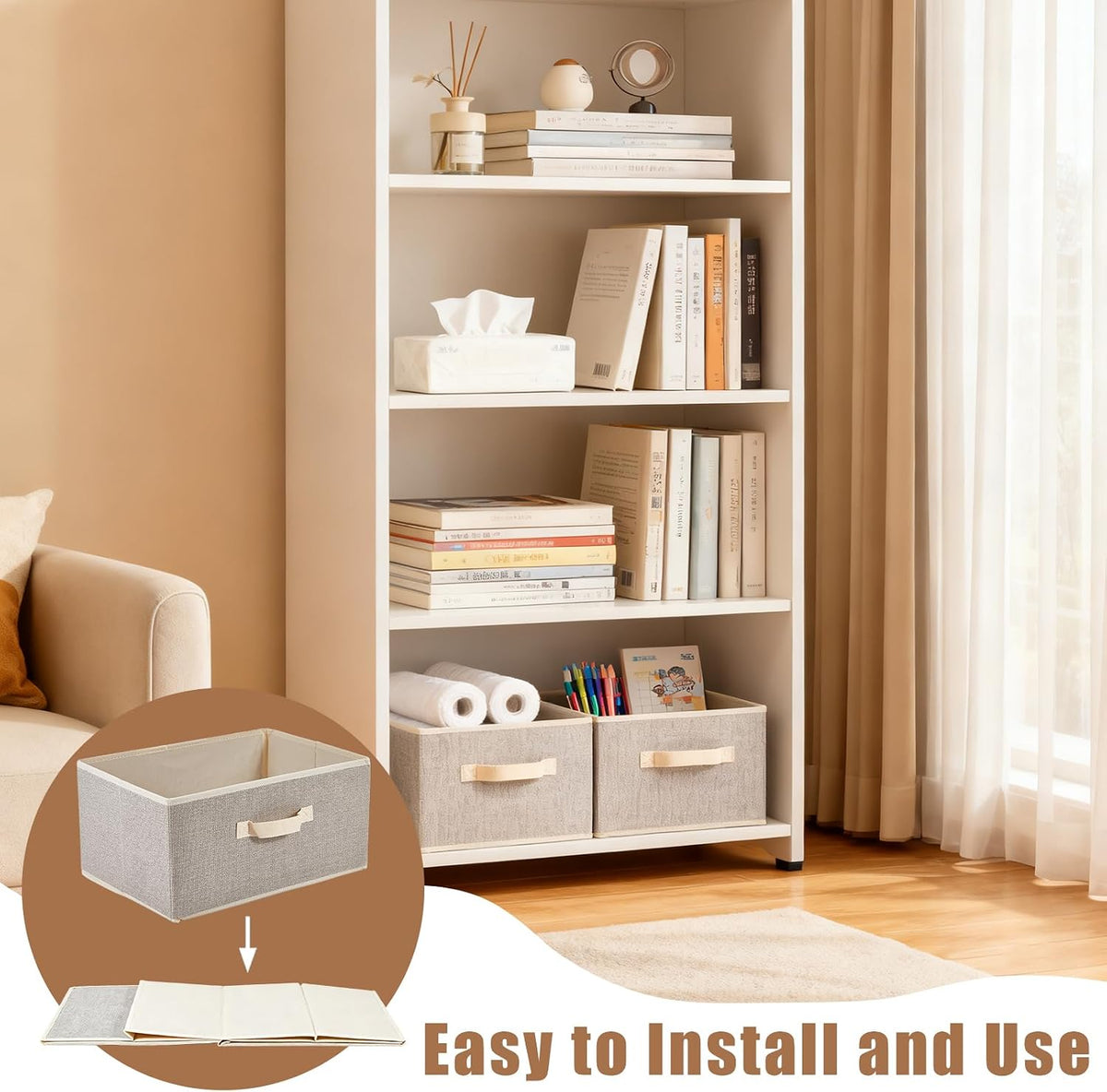 DAYARD Fabric Bins [1-Pack], Foldable Cube Baskets Storage Boxes for Shelves, Closet, Bookshelf, Nursery Organizer Containers (beige, medium)