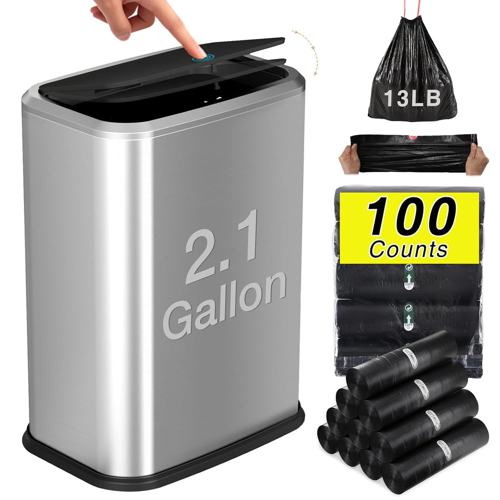 Bathroom Trash Can with Lid, 8L/2.1 Gallon Silver Trash Can Small Garbage Can with Press Top Lid Slim Stainless Steel Garbage Can with 100 Counts Trash Bags for Bathroom Bedroom Kitchen Office Toilet