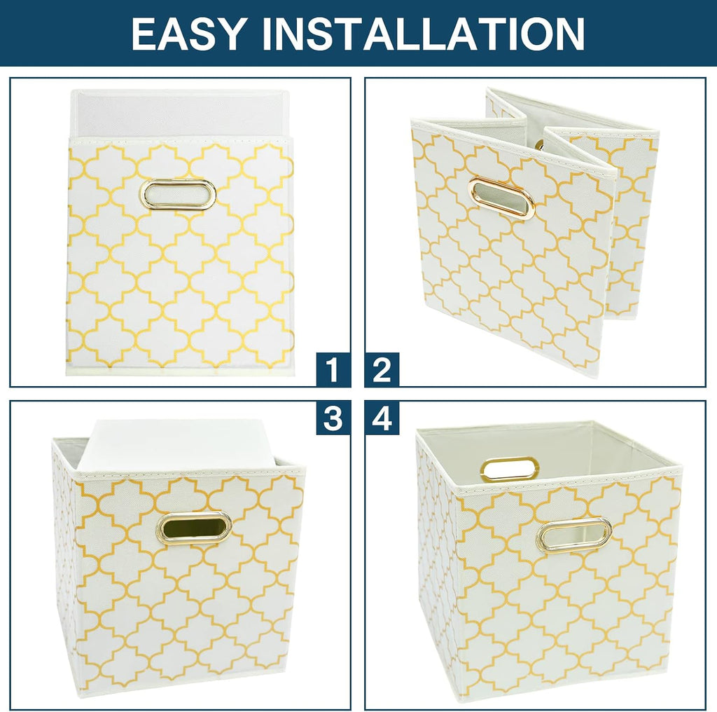 Fabric storage bins Cubes, Fabric Cube Organizer with Handle, Foldable Cube Bins for Cloth or Accessary Storage, 11x11x11, Set of 3, (Creamy-White Gold)