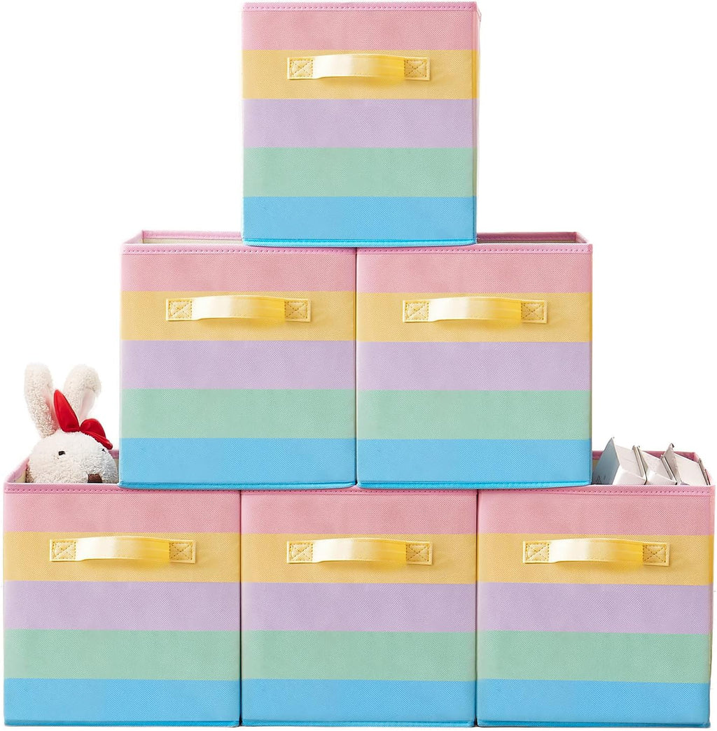 11 Inch Fabric Collapsible Storage Cubes,6 Pack Rainbow Colored Closet Storage Bins with 2 Handles Foldable Cube Baskets for Organizing Clothes, Toys, Books