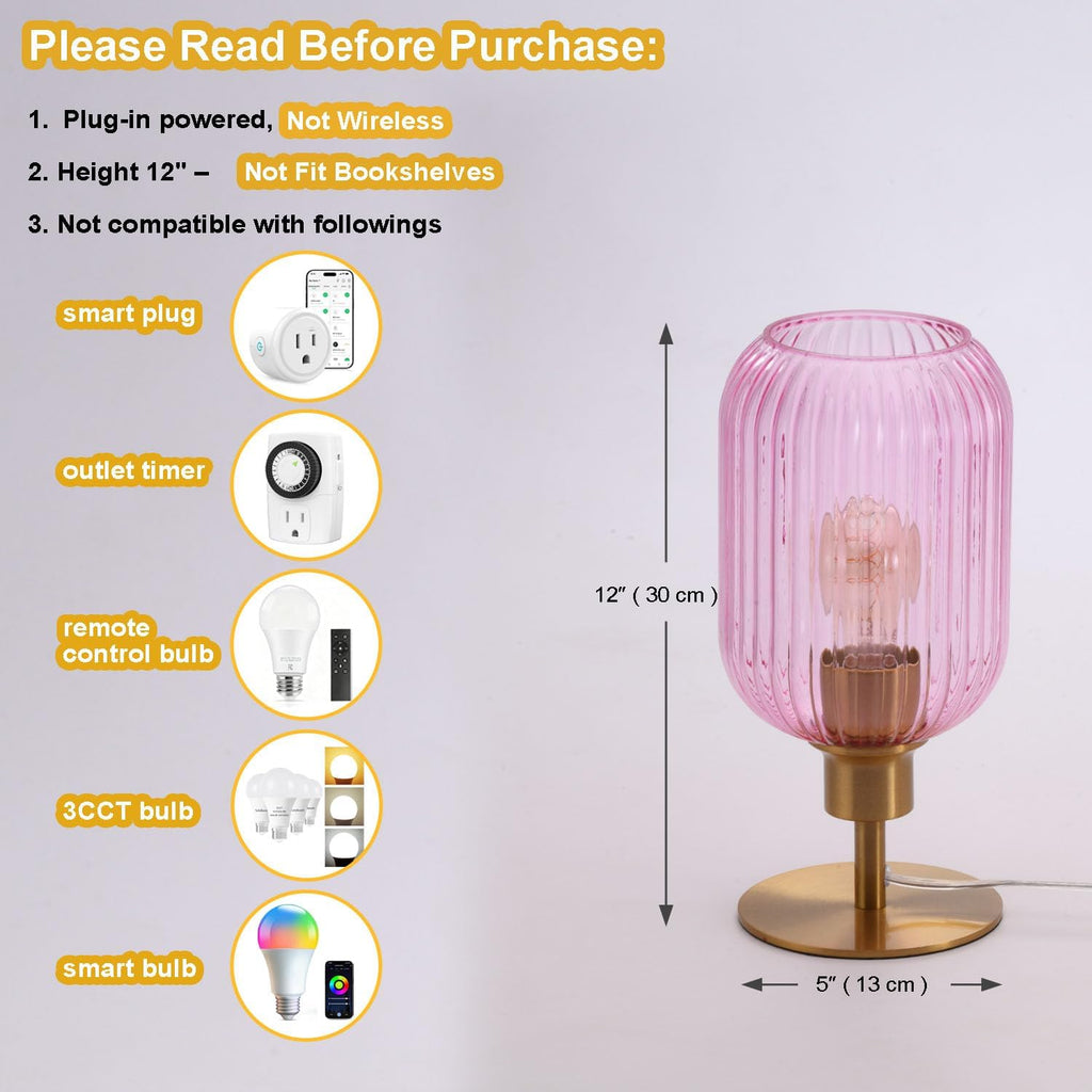 Mid Century Glass Table Lamp, Timer Build-In, Dimmable Desk Lamp, Pink