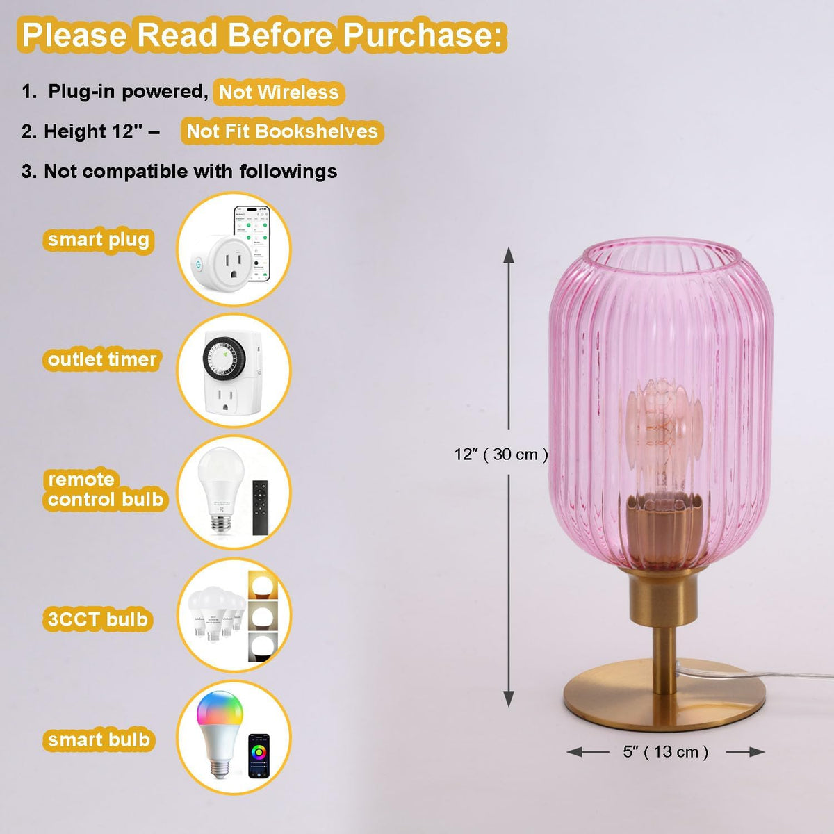 Mid Century Glass Table Lamp, Timer Build-In, Dimmable Desk Lamp, Pink