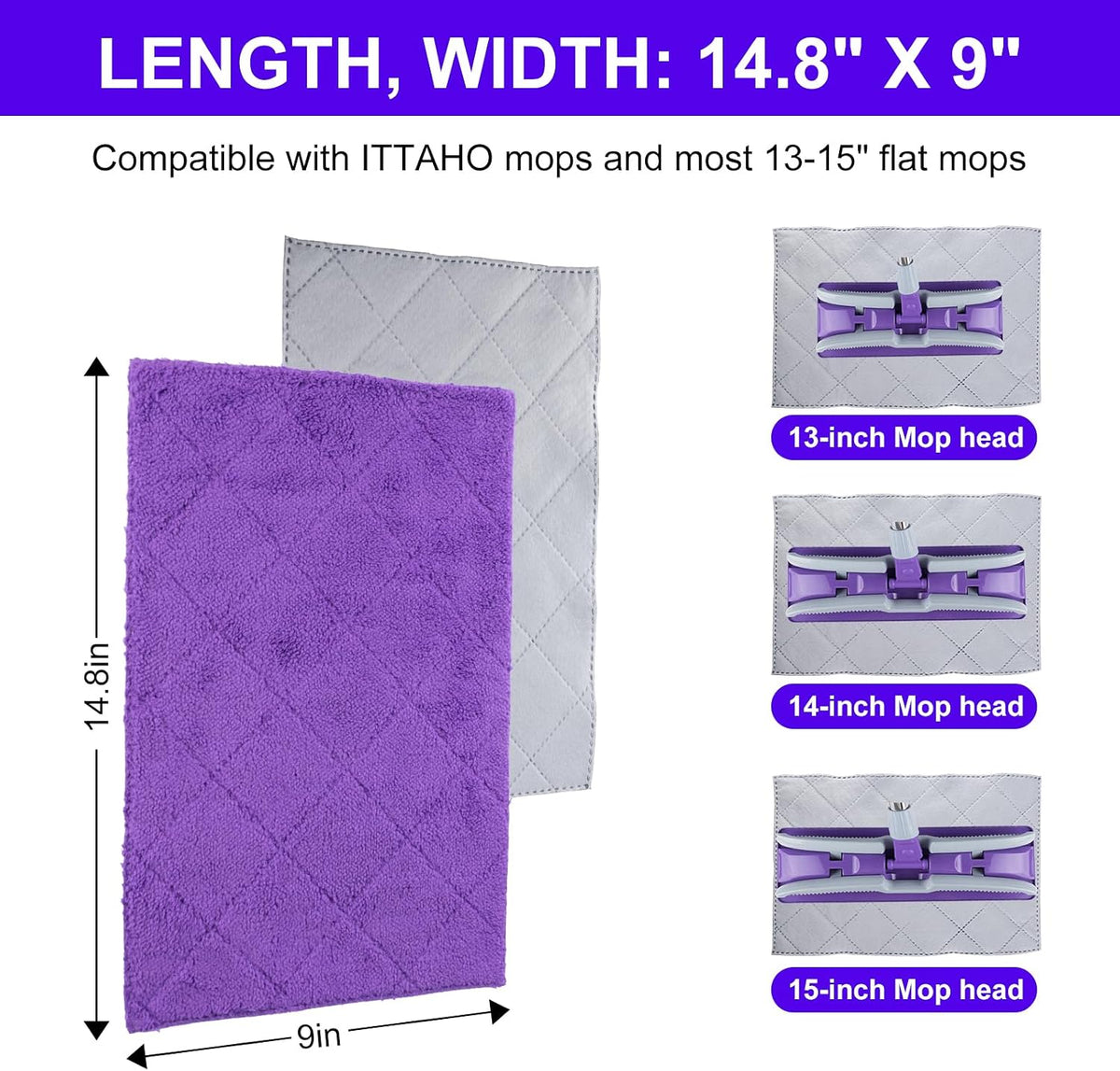 3-Pack Microfiber Mops Refill Pads for 14 Inch Mop (Purple)