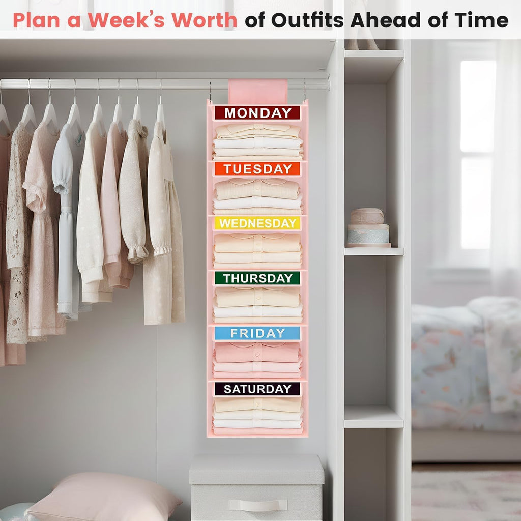 Weekly Clothes Organizer for Kids, 6-Shelf Kid Hanging Closet Organizer w/ 6 Side Pockets, Labeled Weekly Outfit Organizer for Kids, Days of The Week Clothes Organizer Monday Through Friday Pink