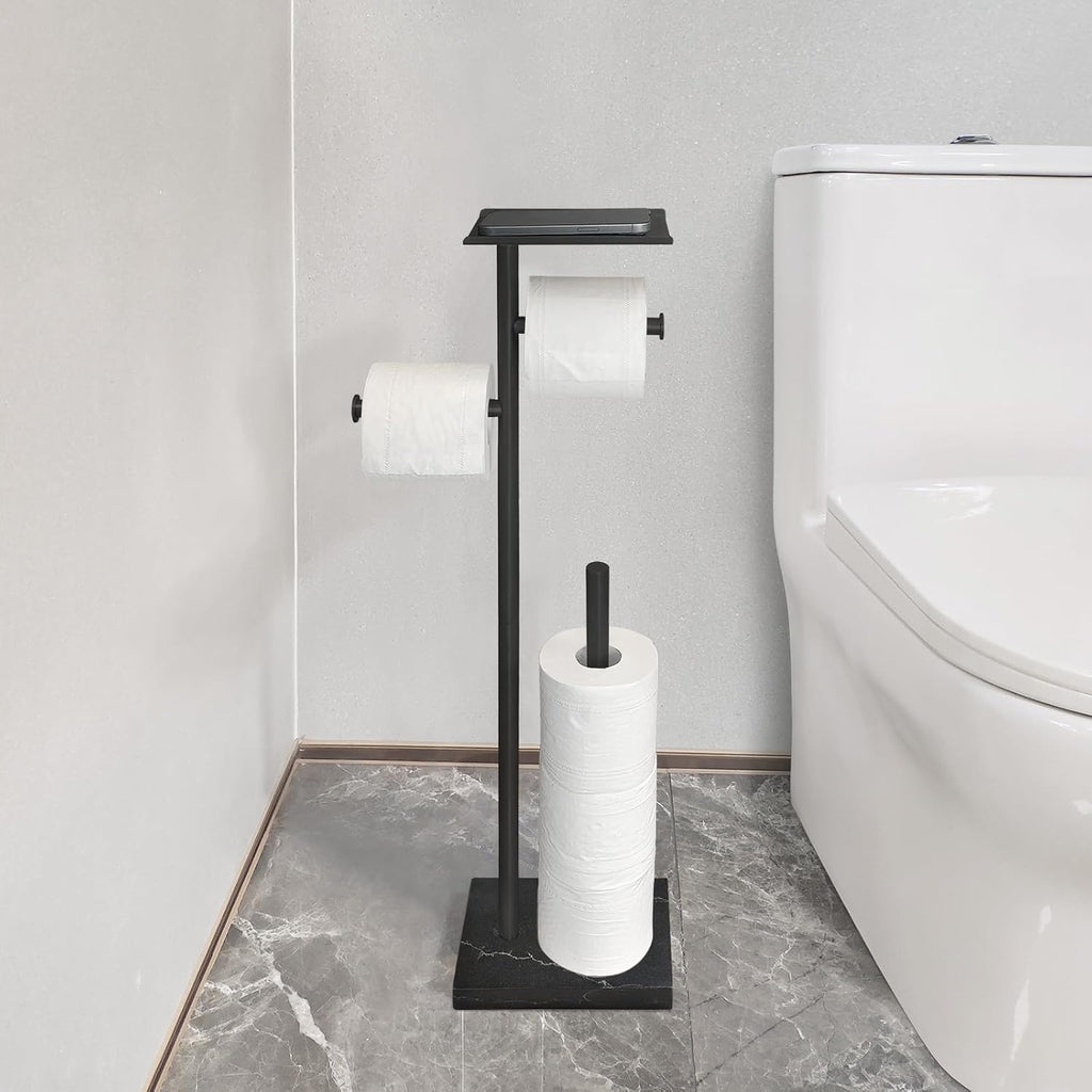 GZILA Toilet Paper Holder Stand with Shelf, Marble Base Free Standing Toilet Paper Double Roll Holder Dispenser, SUS 304 Stainless Steel Storages 5 Reserve Rolls Matte Black