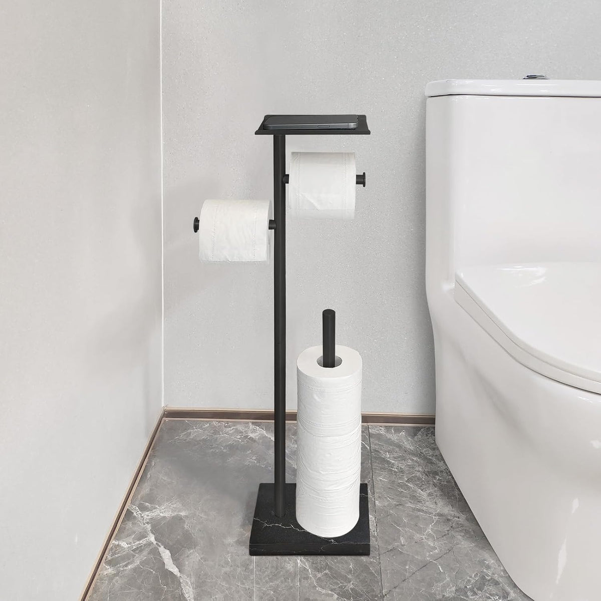 GZILA Toilet Paper Holder Stand with Shelf, Marble Base Free Standing Toilet Paper Double Roll Holder Dispenser, SUS 304 Stainless Steel Storages 5 Reserve Rolls Matte Black