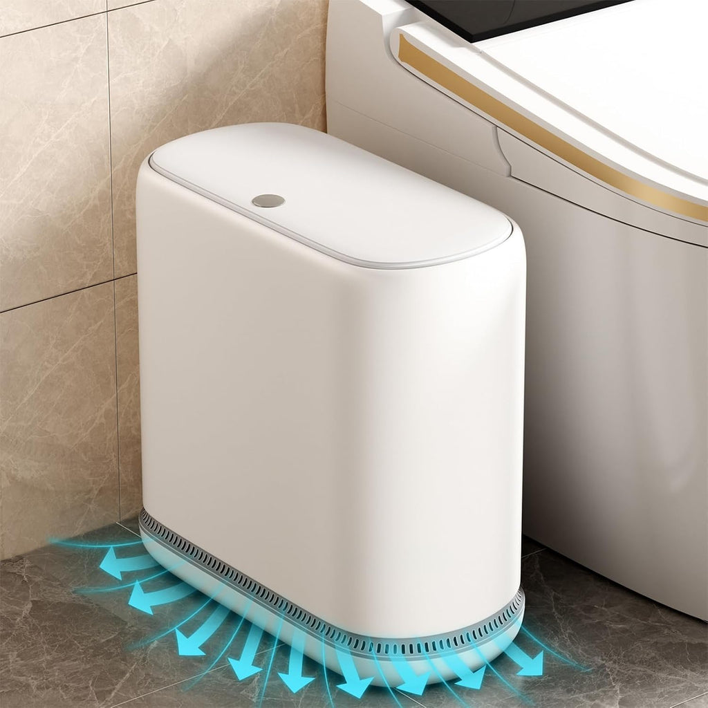Small Bathroom Trash Can with Lid, 3 Gallon Slim Garbage Bin with Pop-Up Lid & Air-Pressure Bag Lock, Mini Waste Basket for Bathroom, Bedroom, Kitchen, Office, Rv, White - Includes 75 Bags (5 Rolls)