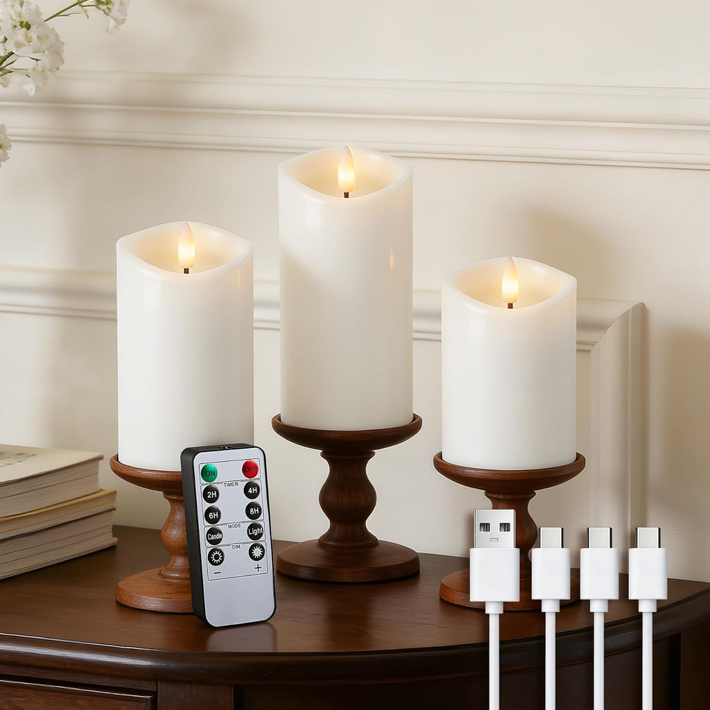 White Real Wax LED Rechargeable Flameless Battery Operated Pillar Candles