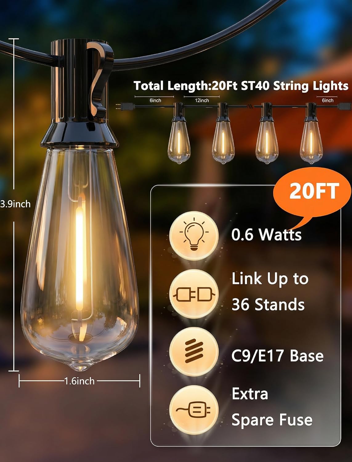 Oviejo 20Ft LED Outdoor String Lights with 22 ST40 LED Shatterproof Bulbs