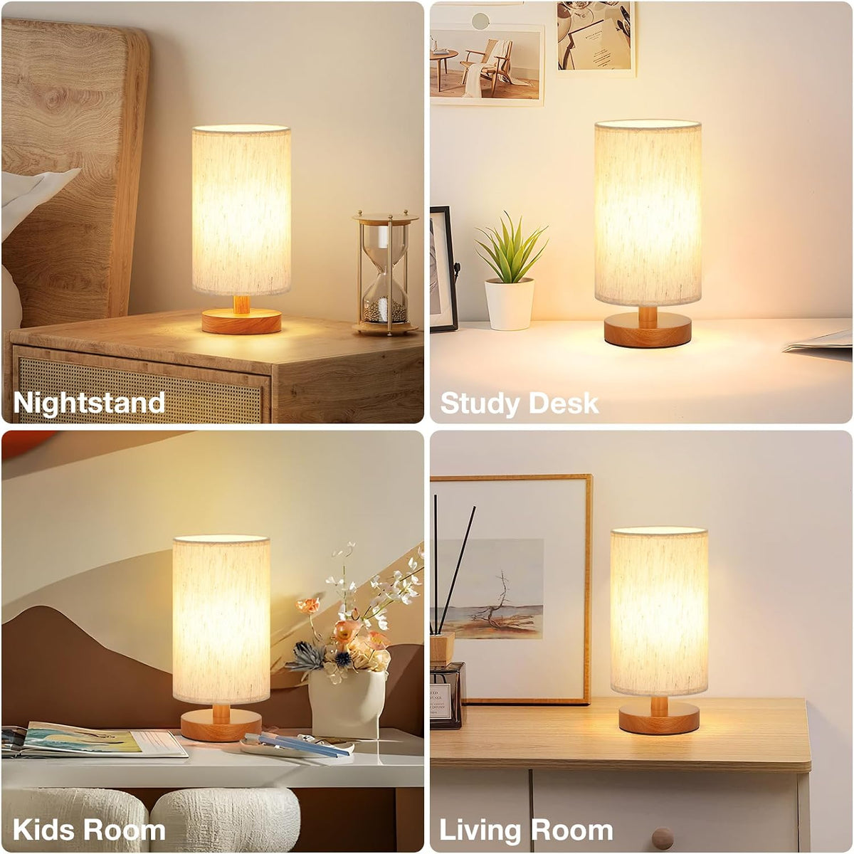 Fenmzee Small Table Lamps (Cream Shade - Walnut Base, 9" Inline Control)