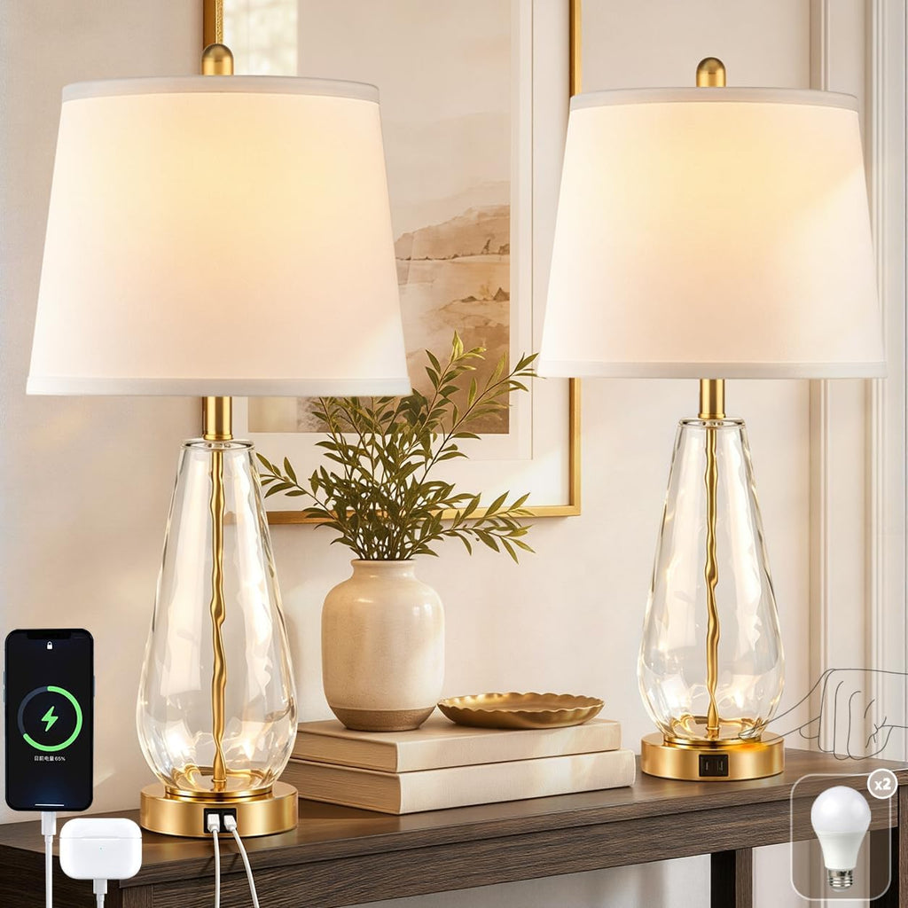 27'' Glass Table Lamps Set of 2 for Living Room, Gold Modern Lamps