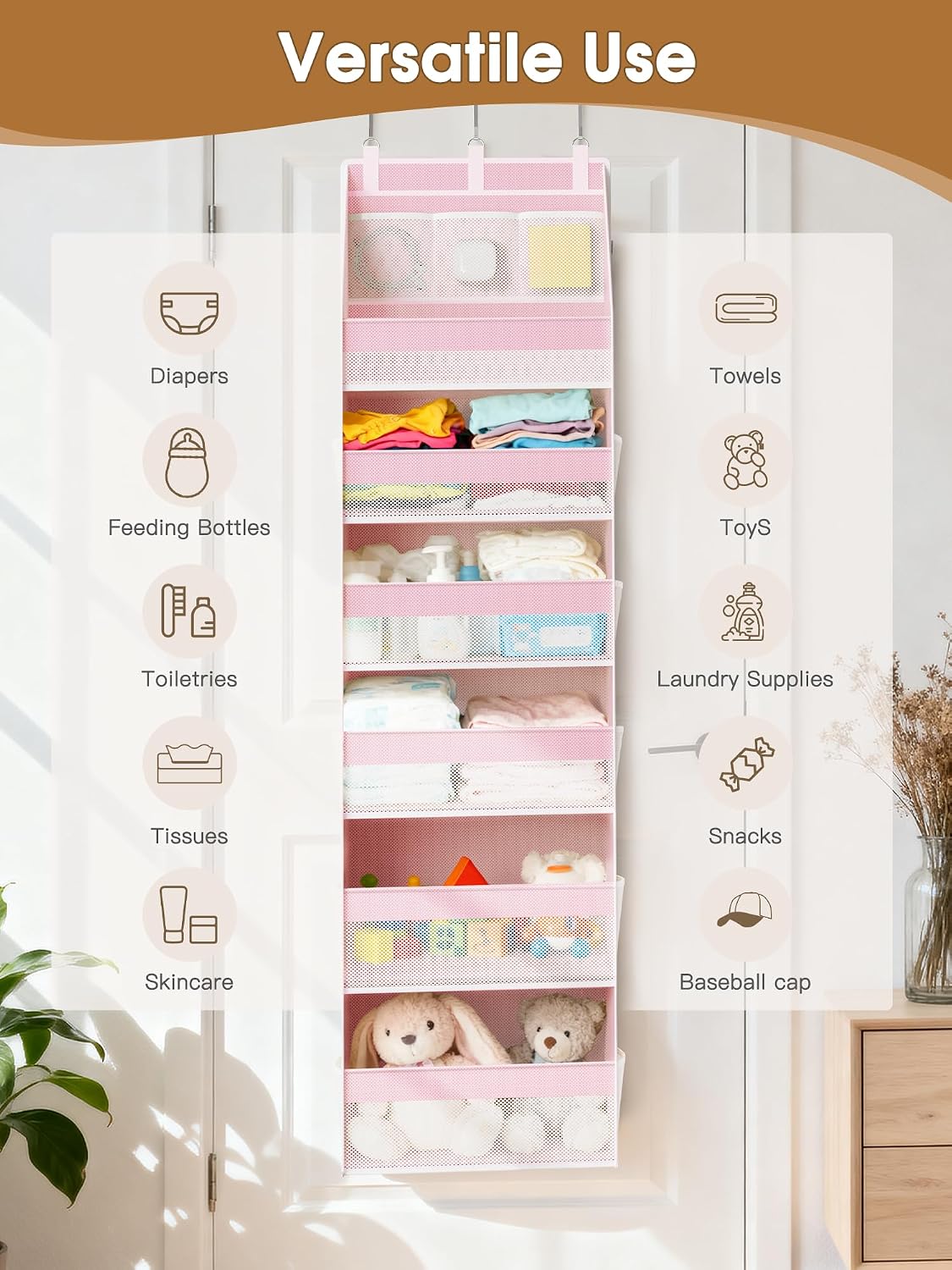 Criusia Over the Door Organizer, 6-Shelf Closet Hanging Storage with 13 Mesh Pockets, 55lbs Capacity Behind the Door Storage for Baby Nursery, Bathroom, Bedroom, and Dorm, Pink