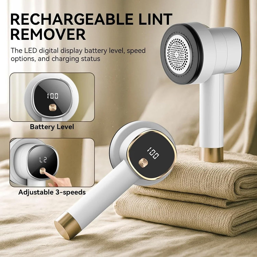 Rechargeable Fabric Shaver, 6-Leaf Blades, LED Display, 3 Speeds