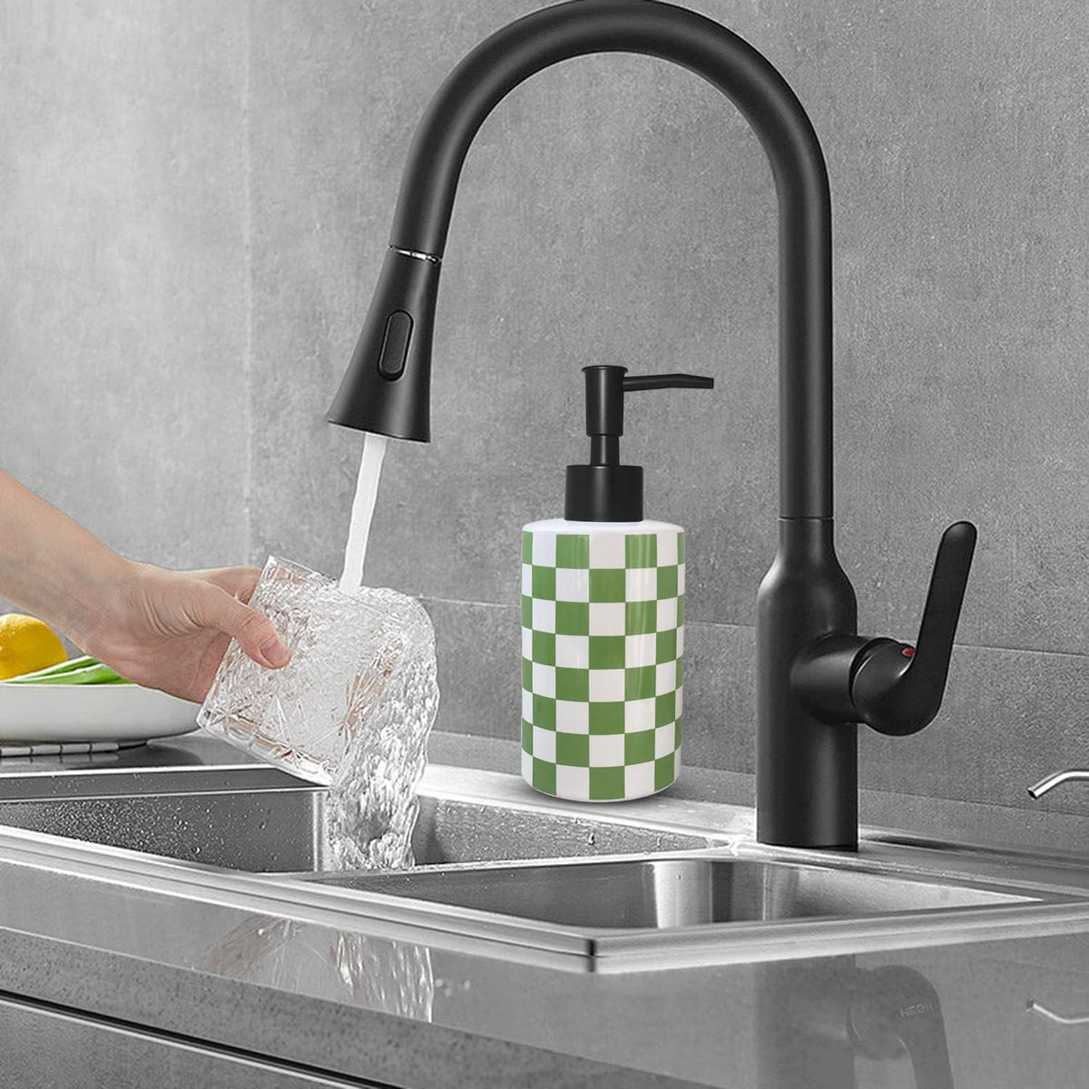 Bathroom Soap Dispenser with Matte Black Pump White Ceramic Soap Dispenser for Kitchen Checkerboard Empty Pump Bottle (Green)