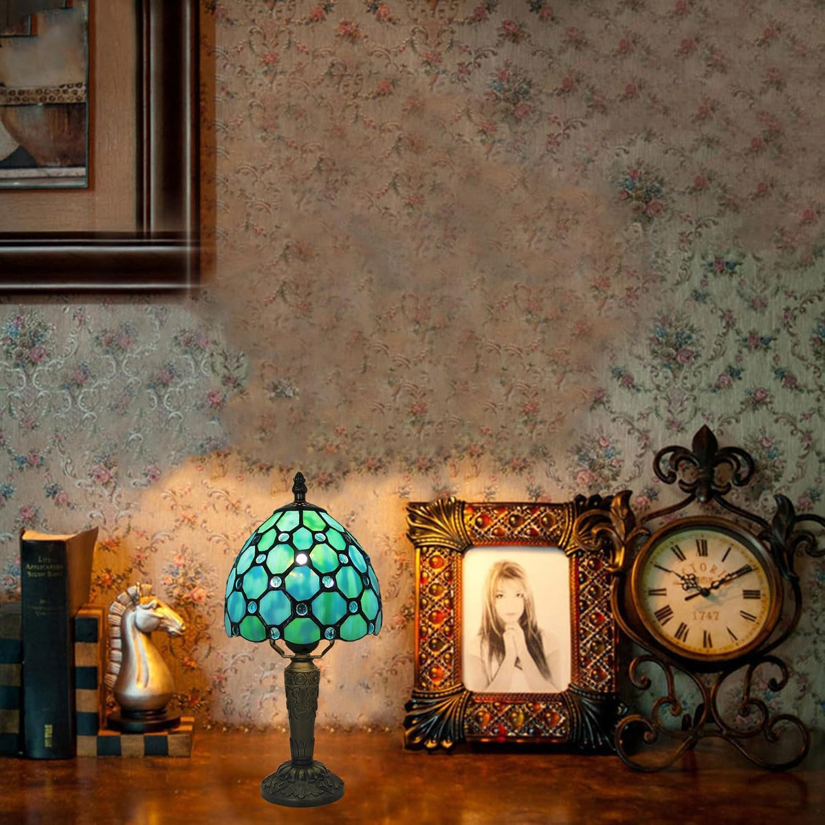 Tiffany Style Small Table Lamp,Green Beads Stained Glass 3 Color Temperature Antique Table Lamps,Bedside Nightstand Lamp for Bedroom,Living Room,Home Office+LED Bulb,6X6X12.5Inch