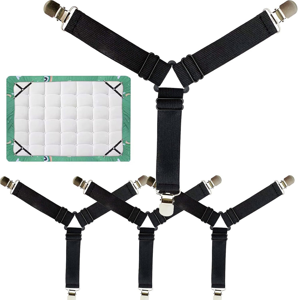 4PCS Bed Sheet Holder Straps – Triangle Adjustable Elastic Fasteners with Metal Clips, Heavy Duty Sheet Suspenders for Fitted & Flat Sheets, Mattress Covers, Sofa Cushions