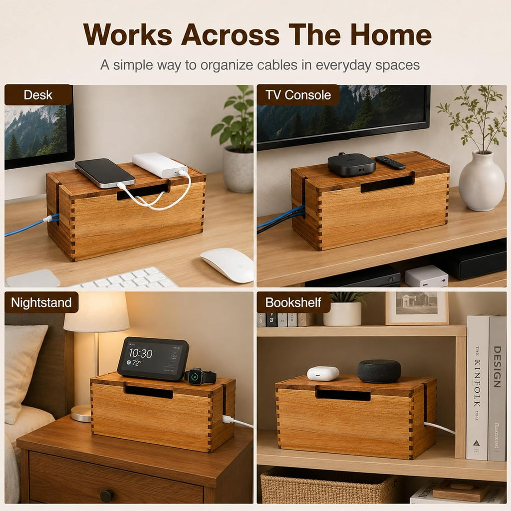 Acacia Wood Cable Management Box,Office Under Desk Cable Storage Box for Wire, Cord Hider Organizer for Power Strip, Electrical Hiding, TV Wires, Desk & Floor Cables