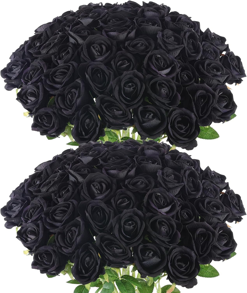 Hananona 50 Pcs Artificial Roses, Realistic Silk Black Flowers Bulk