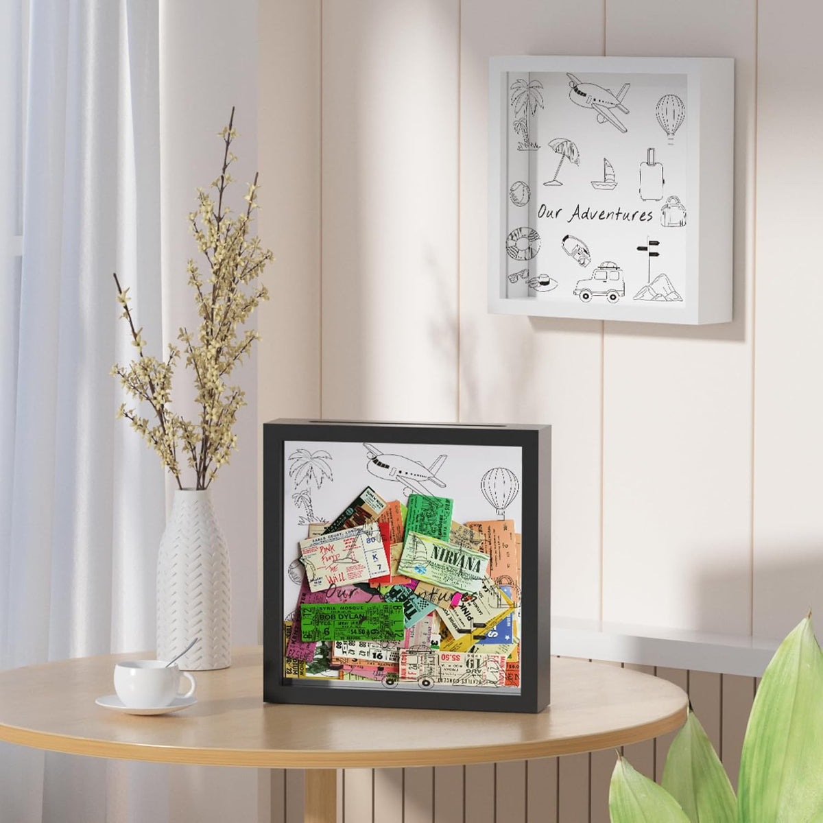 Jackma Travel Tickets Collection Shadow Box Frame, Funny Display Box for Collecting Tickets of Sporting Travelling Events – Piggy Bank Frame Memory Box with Slot on Top, White 8x8”