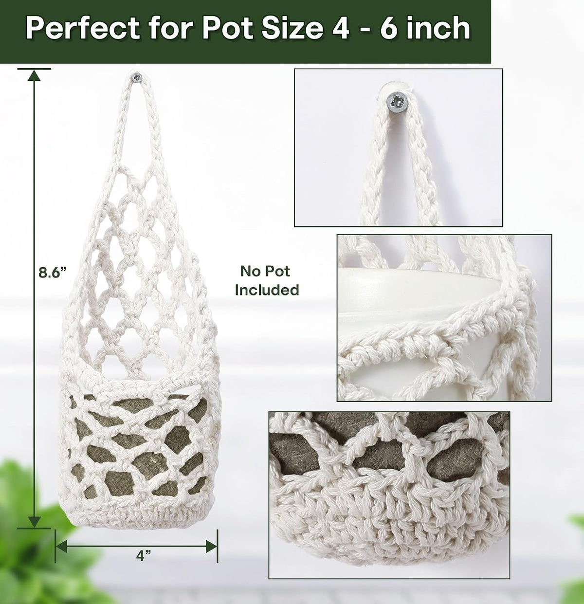 4 Pack Macrame Wall Plant Hanger for 6" & 4 in, Small Hanging Plant Basket