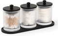 eggs sound 3 Pack Qtip Holder - Bathroom Organizers and Storage, Cotton Round Holder Floss Pick Cotton Ball Swab Holder with Tray, Glass Apothecary Jars with Lids Container Set -sw clear b