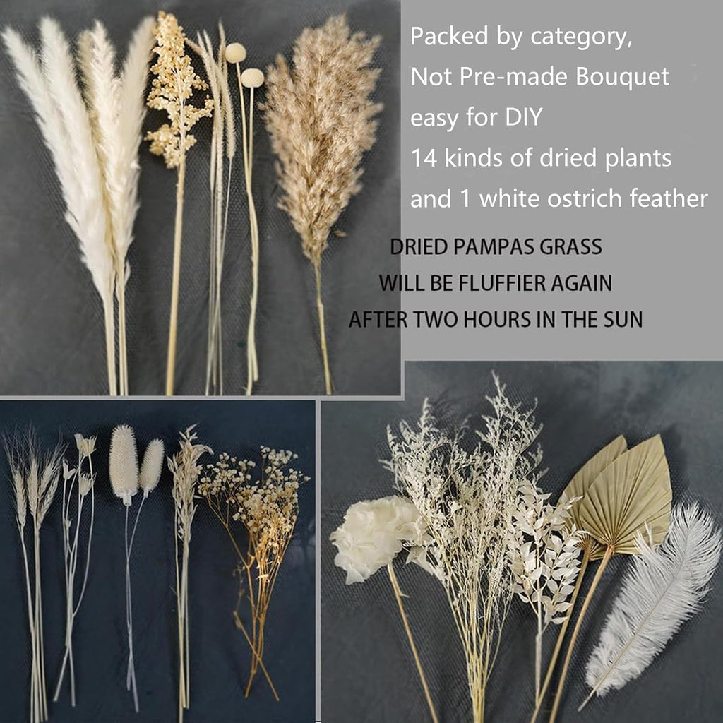 Natural Dried Pampas Grass Bouquet - 17" White & Ivory Dried Flowers with Palm Leaves & Hydrangea, Boho Home Decor for Wedding, Bridal Shower, Baby Shower & Farmhouse DIY Arrangements, No Vase