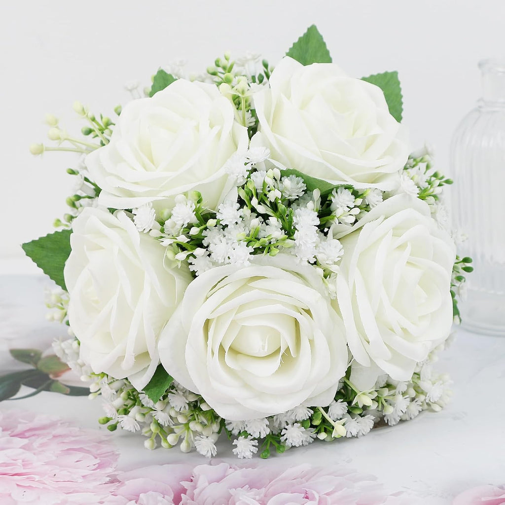 Small Bridesmaid Bouquet for Wedding - Pre-Made Artificial Flower Bouquet for Bridesmaid Silk Rose Babys Breath Bridal Bouquets for Vintage Country Boho Wedding Decorations -7 inch