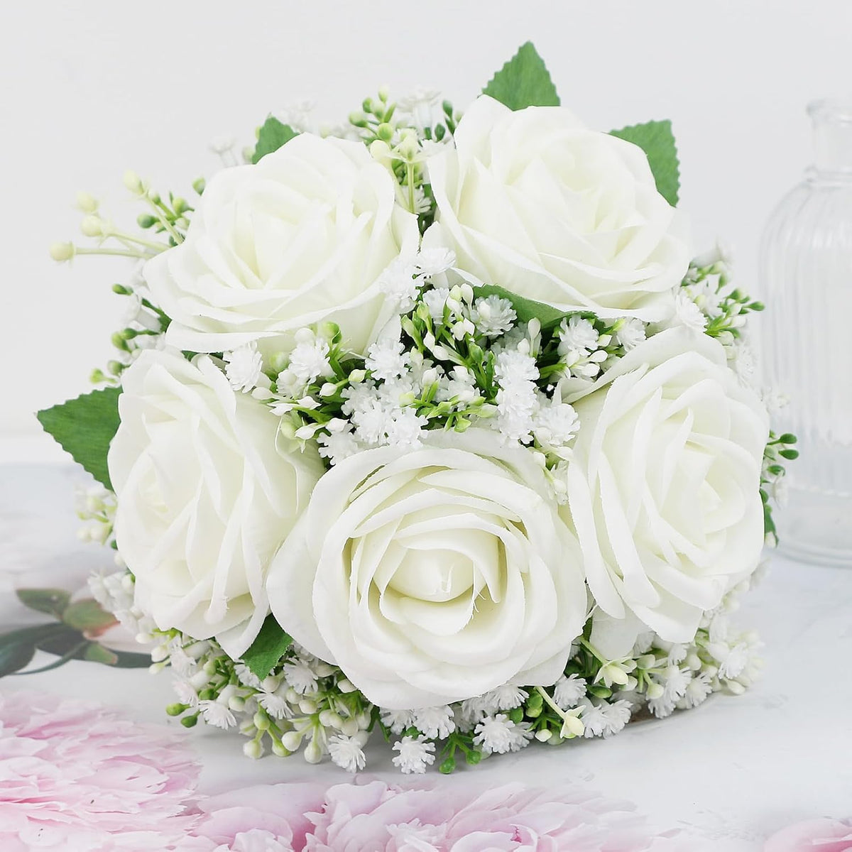 Small Bridesmaid Bouquet for Wedding - Pre-Made Artificial Flower Bouquet for Bridesmaid Silk Rose Babys Breath Bridal Bouquets for Vintage Country Boho Wedding Decorations -7 inch
