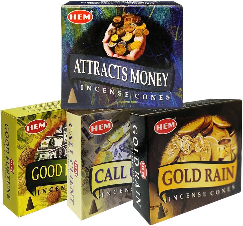 Hem Incense Cones Variety Pack #1 and Cone Incense Burner Bundle with 4 Money Luck and Business Themed Fragrances