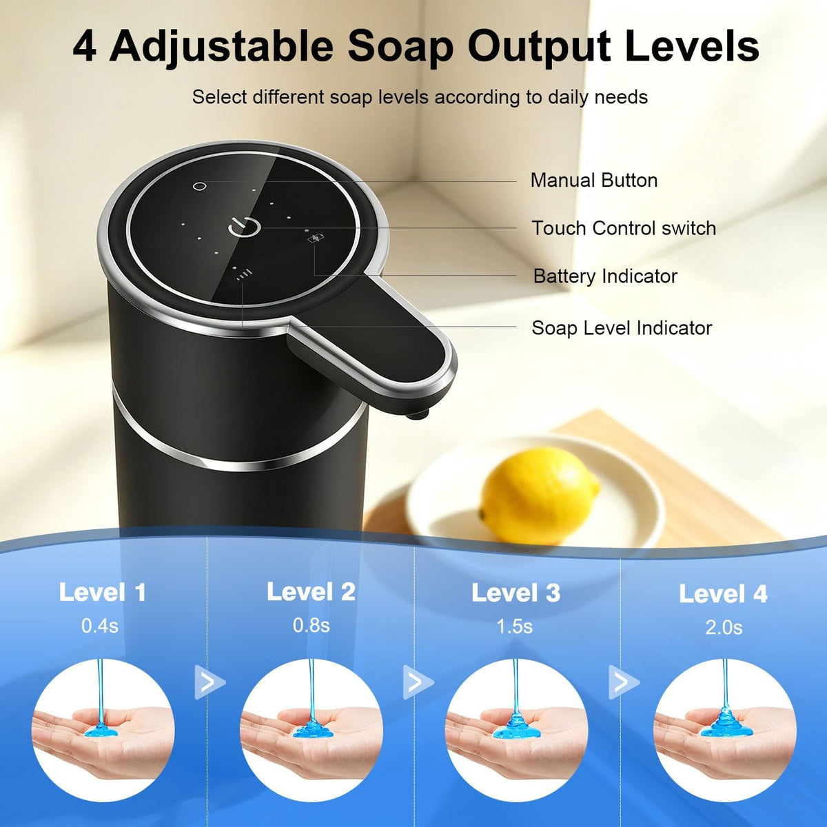 Touchless Automatic Liquid Soap Dispenser, 4-Level Adjustable, Rechargeable