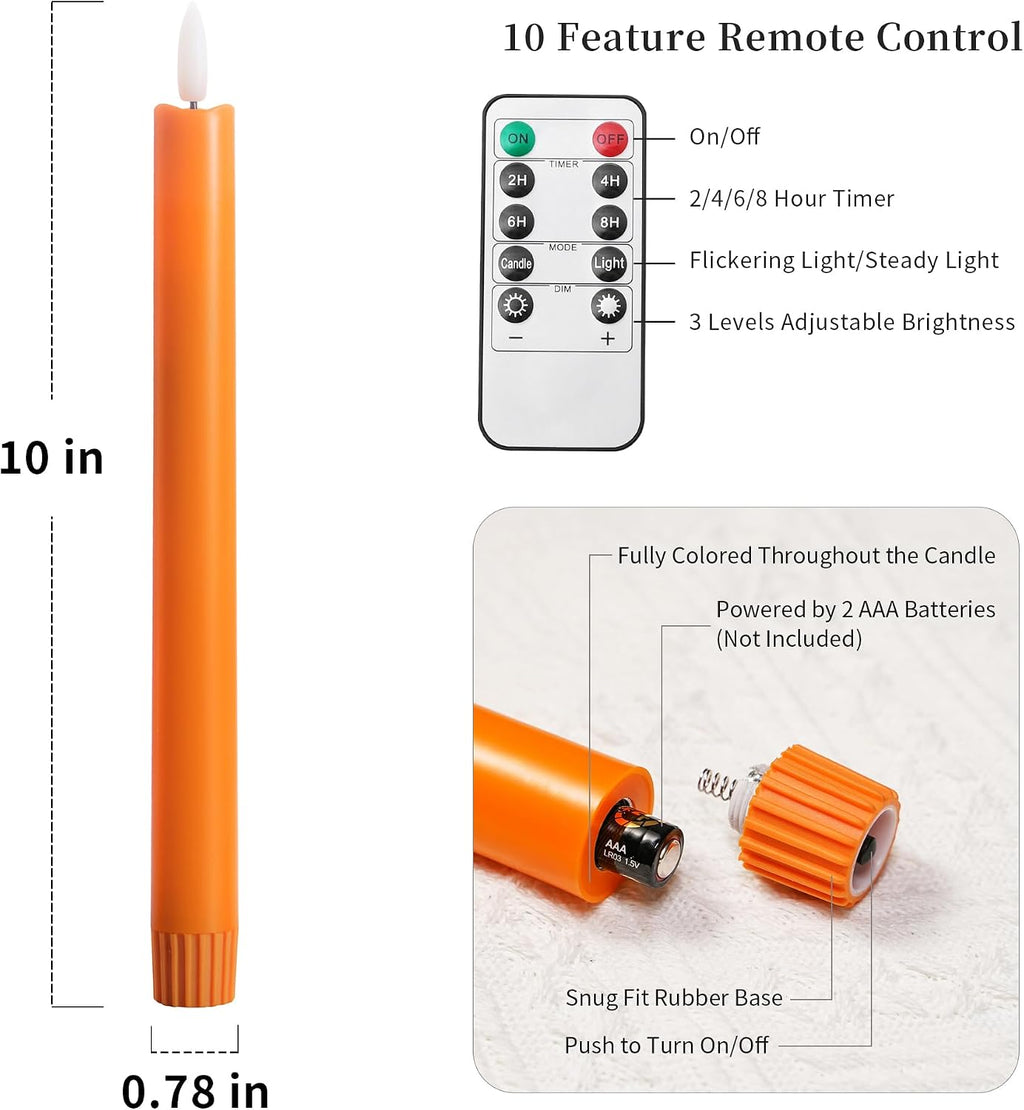 Stmarry Flameless Orange Taper Candles with Remote - 10 Inch LED Candlesticks Flickering, Realistic 3D Flame with Wick, Warm White Light, Thanksgiving Fall Autumn Decor for Home, Timer - Set of 6