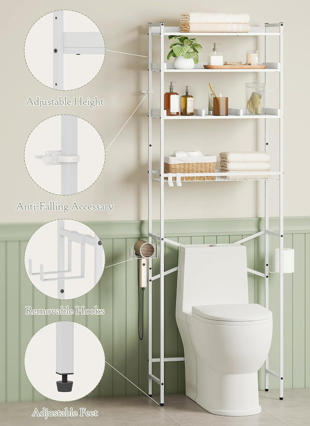 Quikraen 4 Tier Over The Toilet Storage Shelf with 3 Adjustable Shelves, Space Saver Bathroom Organizer with 4 Hooks, Freestanding Above Toilet Rack for Restroom Laundry (White)