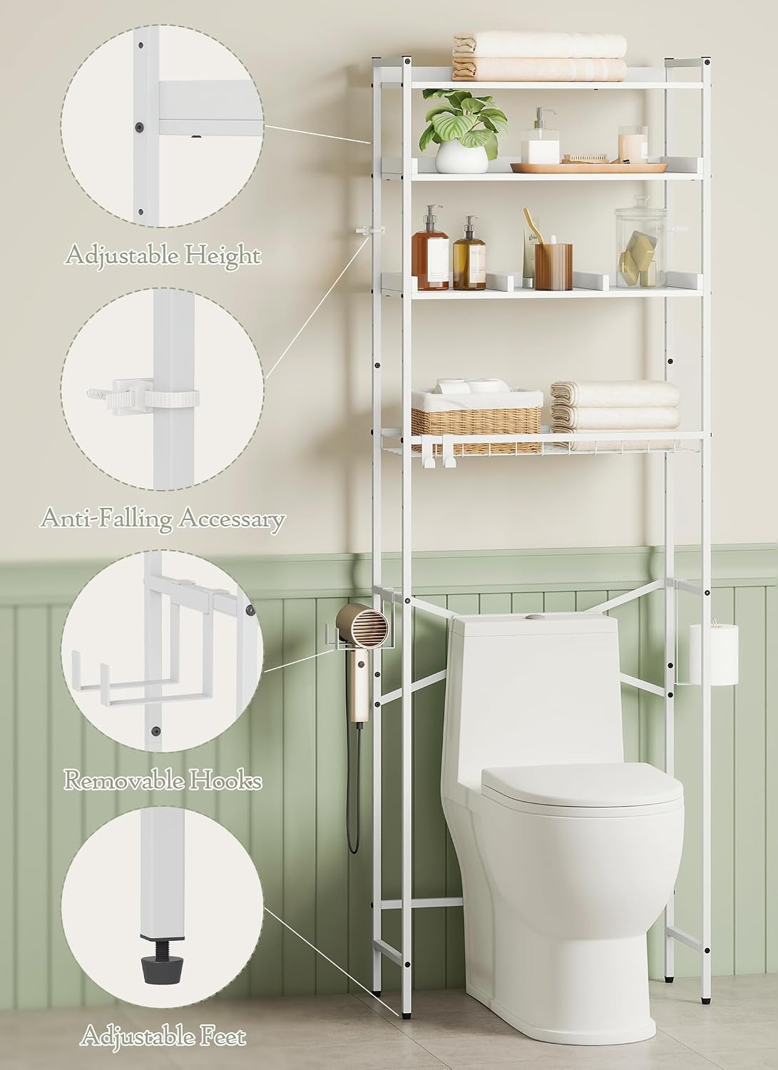 Quikraen 4 Tier Over The Toilet Storage Shelf with 3 Adjustable Shelves, Space Saver Bathroom Organizer with 4 Hooks, Freestanding Above Toilet Rack for Restroom Laundry (White)