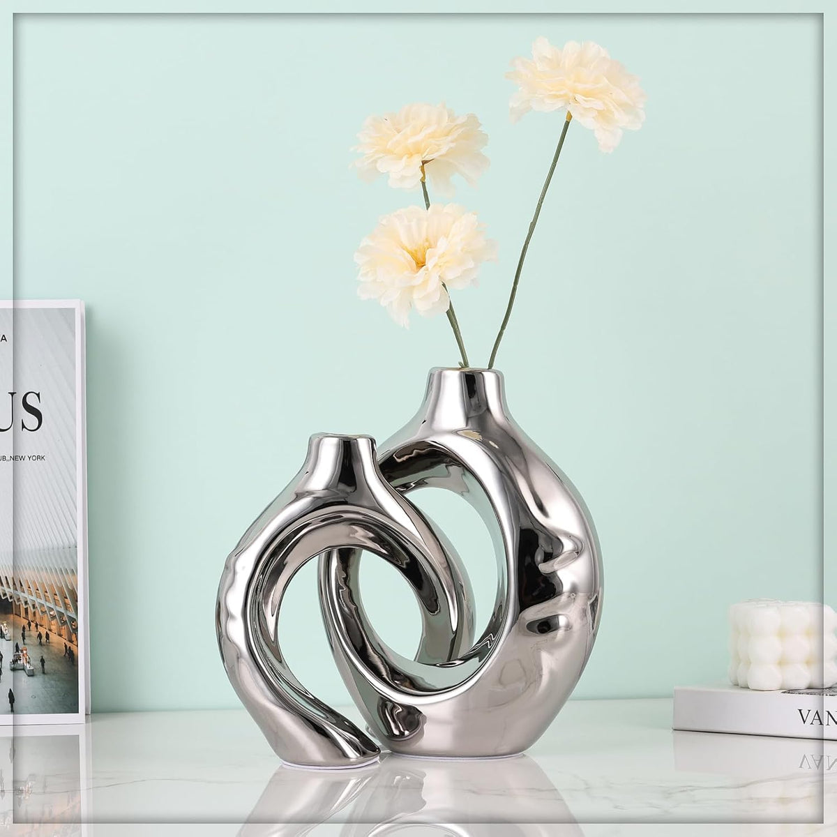 Silver Ceramic Vase Set of 2, Modern Donut Vases for Living Room Decor