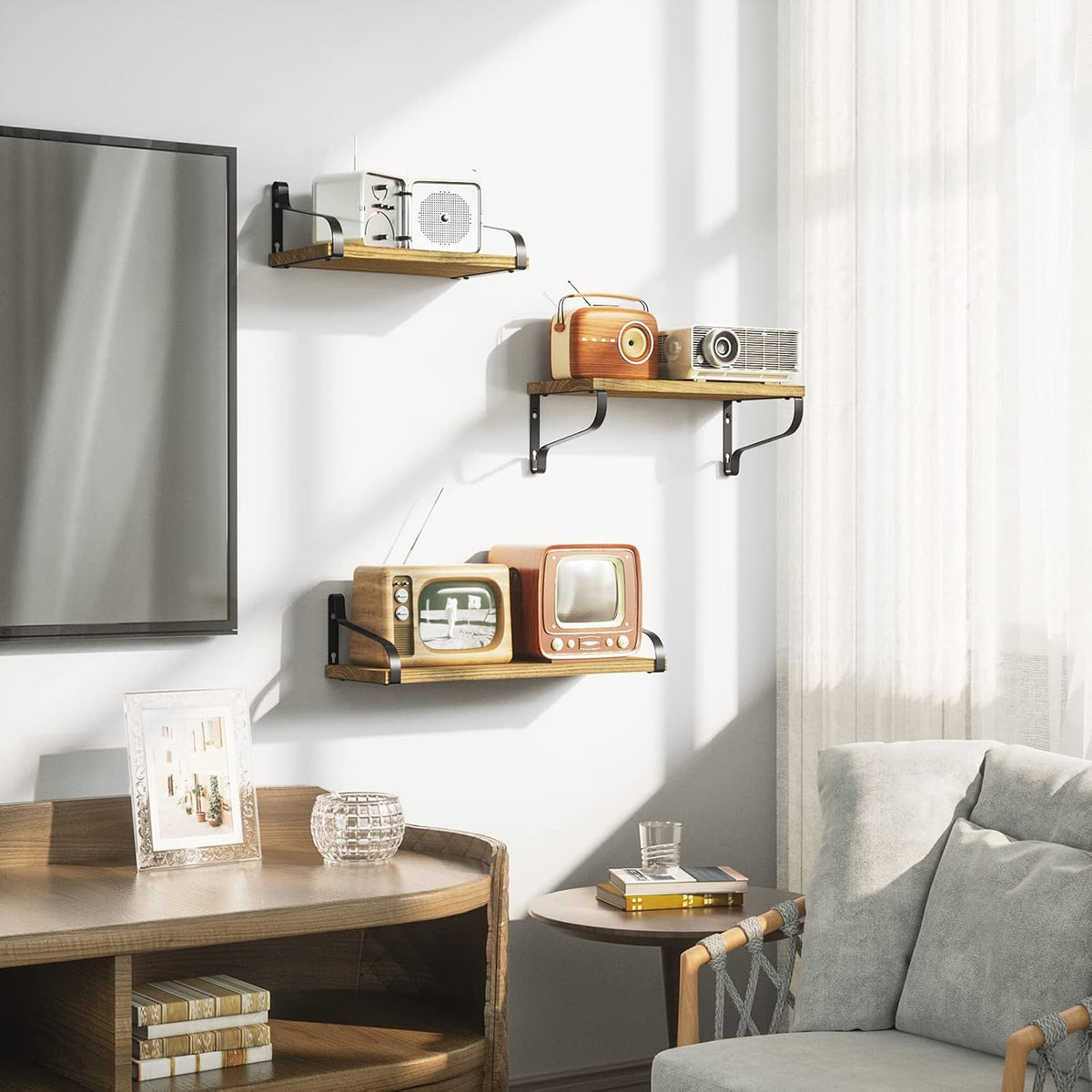 Love-KANKEI Large Floating Wall Shelves,Set of 3,Wood,Carbonized Black