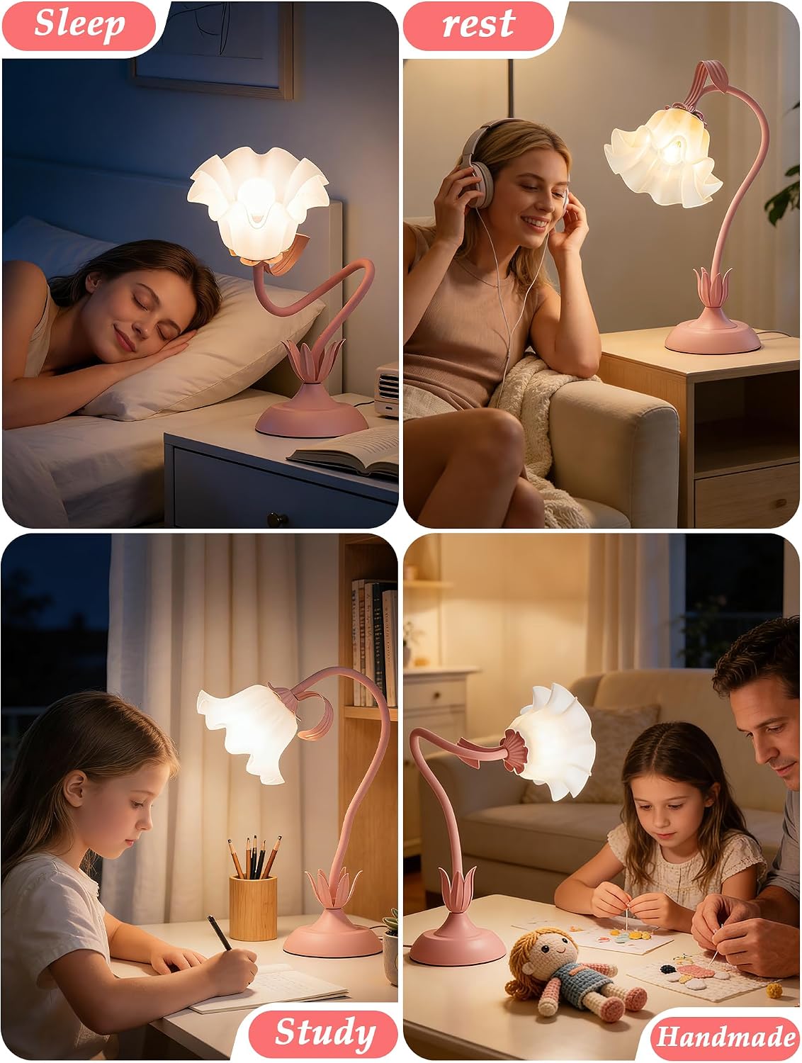 Bedside Table Lamp for Bedroom, Vintage Flower Table Lamps, LED Reading Light 3 Color Modes Bedside Lamps, Nightstand Lamp Kawaii Desk Lamps for Bedroom Living Room Home Decoration(Pink lamp)