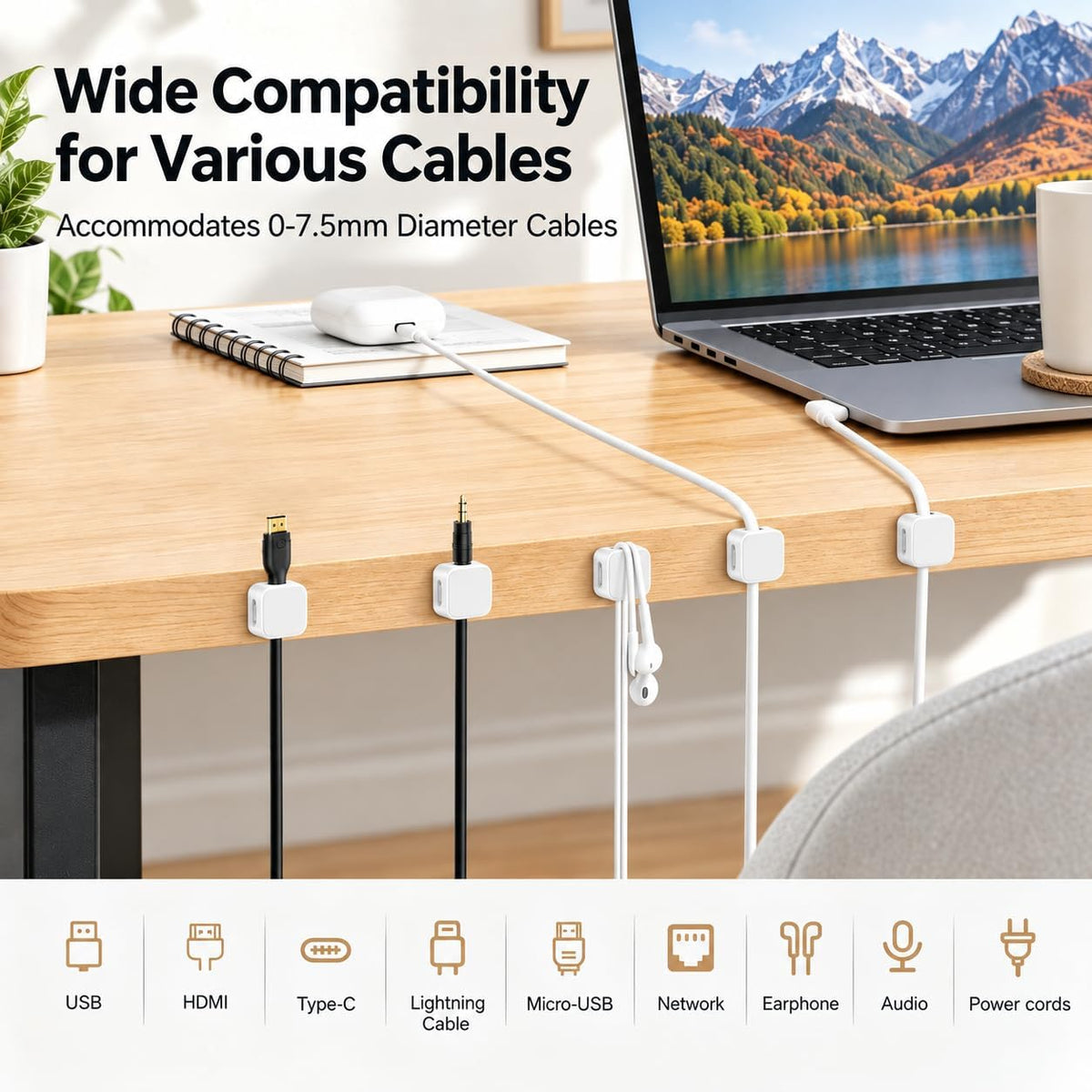 10 Pack Cord Organizer, Magnetic Cable Management, Cord Holder for Desk, Adhesive Cable Clips Wire Keeper for Nightstand, Home, Office, Desktop, Car, Wall (Multicolored)