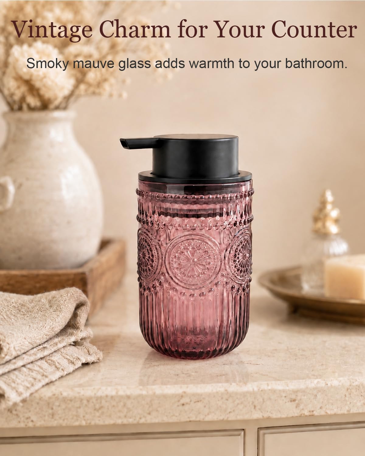 Foaming Soap Dispenser, Vintage Embossed Glass Foam Soap Dispenser, Purple