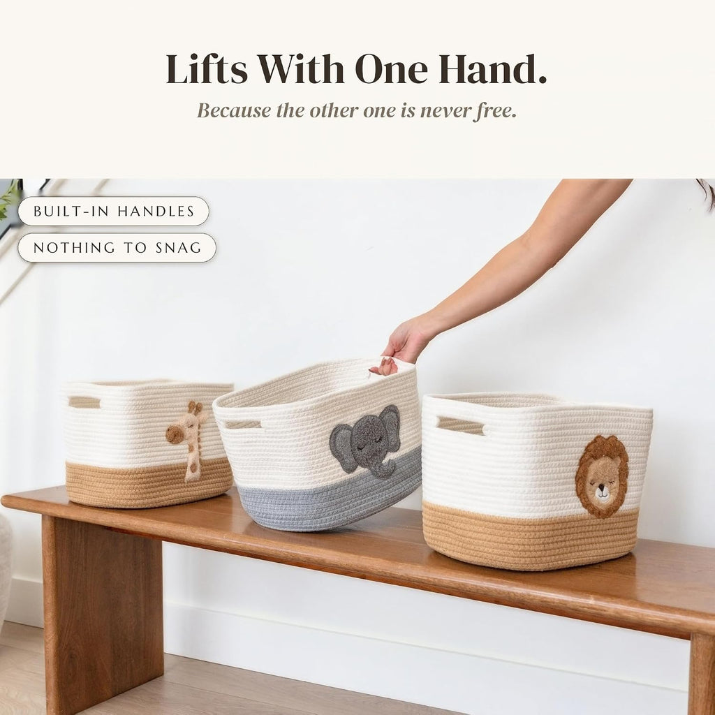 Safari Nursery Storage Baskets Set of 3, Cotton Rope Shelf Bins, 13x10x9 in