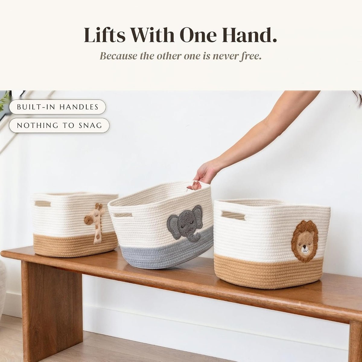 Safari Nursery Storage Baskets Set of 3, Cotton Rope Shelf Bins, 13x10x9 in