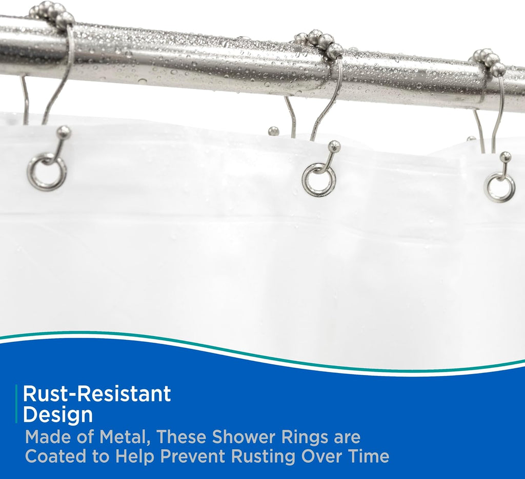 Kenney KN67120 Rust-Resistant Gliding Metal Beaded Shower Curtain Rings with Double Hanging Hooks for Shower Curtain and Standard Shower Curtain Rod, Bathroom Use, Easy to Install, 12-Pack, Nickel