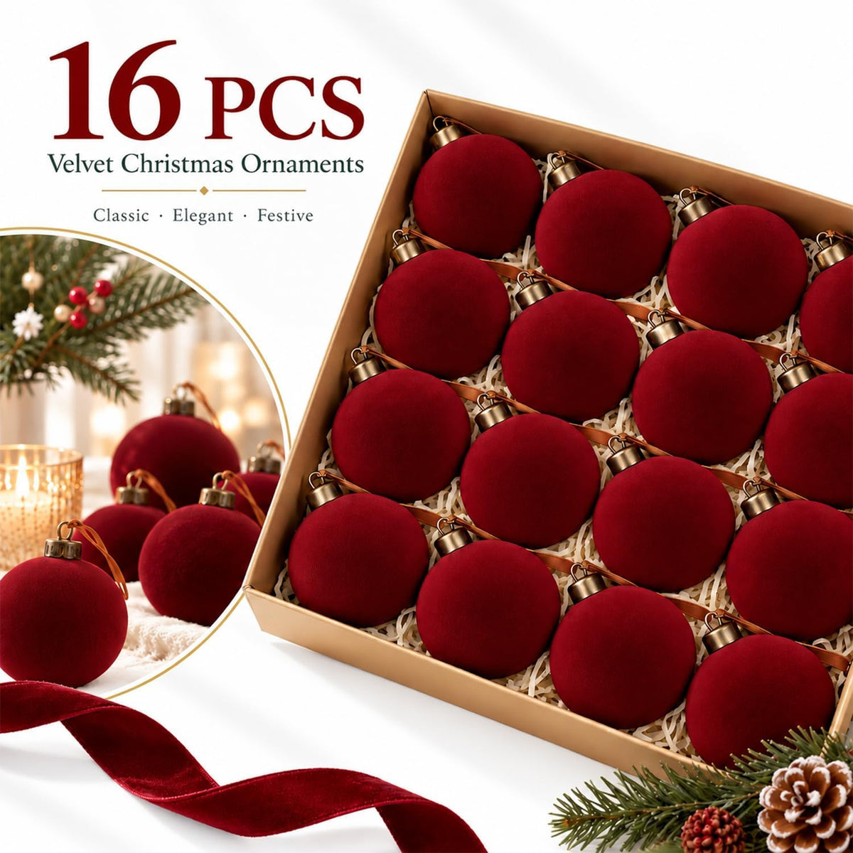 3.15" Burgundy Velvet Christmas Ball Ornaments Set, 16 pcs Flocked Red Xmas Tree Decoration, Large Shatterproof Decorative Hanging Balls for Party Holiday Wreath Garland Home Décor