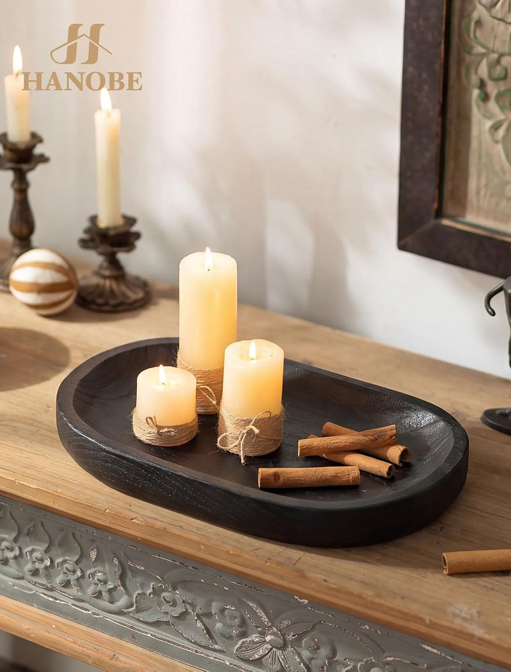 Hanobe Wooden Decorative Key Bowl for Coffee Table Decor, Rustic Black