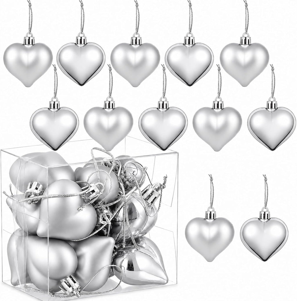Set of 12 Silver Heart Ornaments for Christmas Valentine Tree Decorations, 1.8 inch Mini Valentines Ornaments for Small Tree, Heart Shaped Plastic Shatterproof Hanging Balls Holiday Party Decor