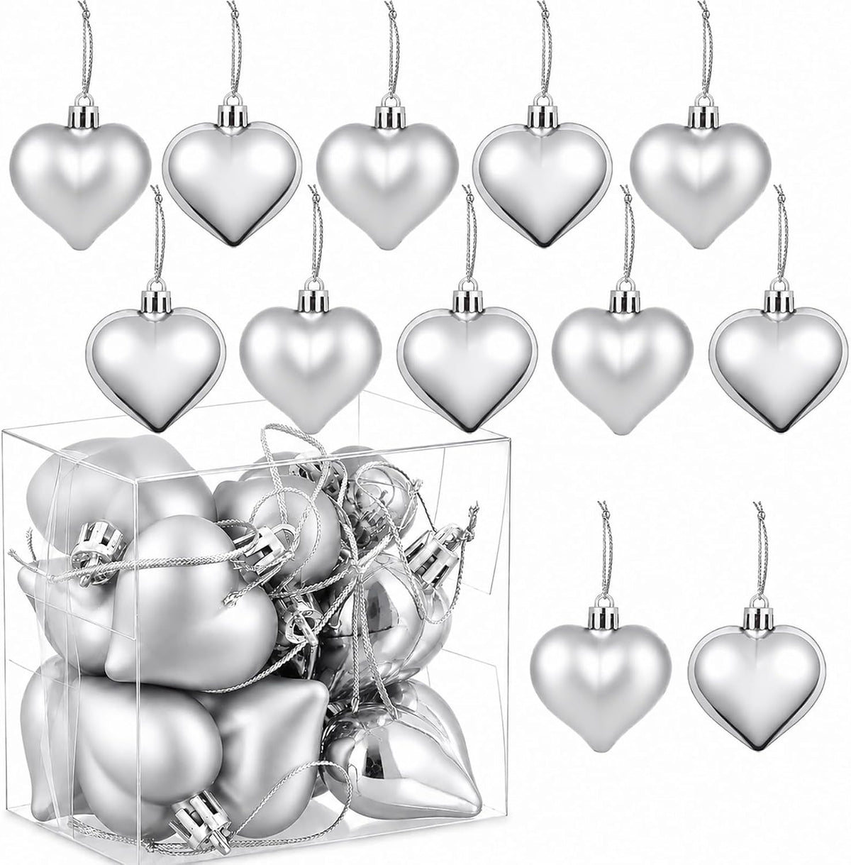 Set of 12 Silver Heart Ornaments for Christmas Valentine Tree Decorations, 1.8 inch Mini Valentines Ornaments for Small Tree, Heart Shaped Plastic Shatterproof Hanging Balls Holiday Party Decor