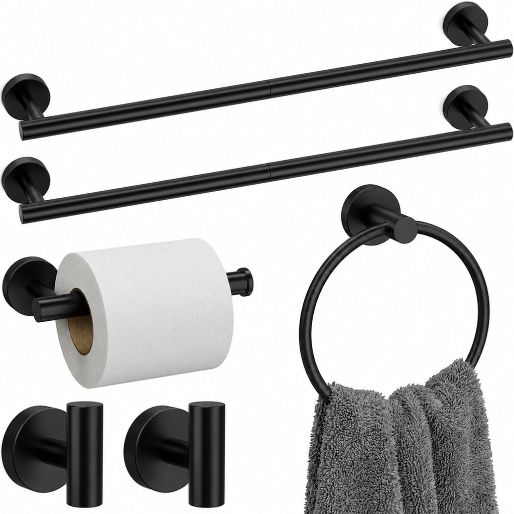 Black Bathroom Accessories Set, 6 Pieces Bathroom Hardware Set Black Bathroom Set, 24 Inch Towel Racks for Bathroom, SUS304 Stainless Steel Bath Towel Bar Set Toilet Paper Holder Wall Mounted