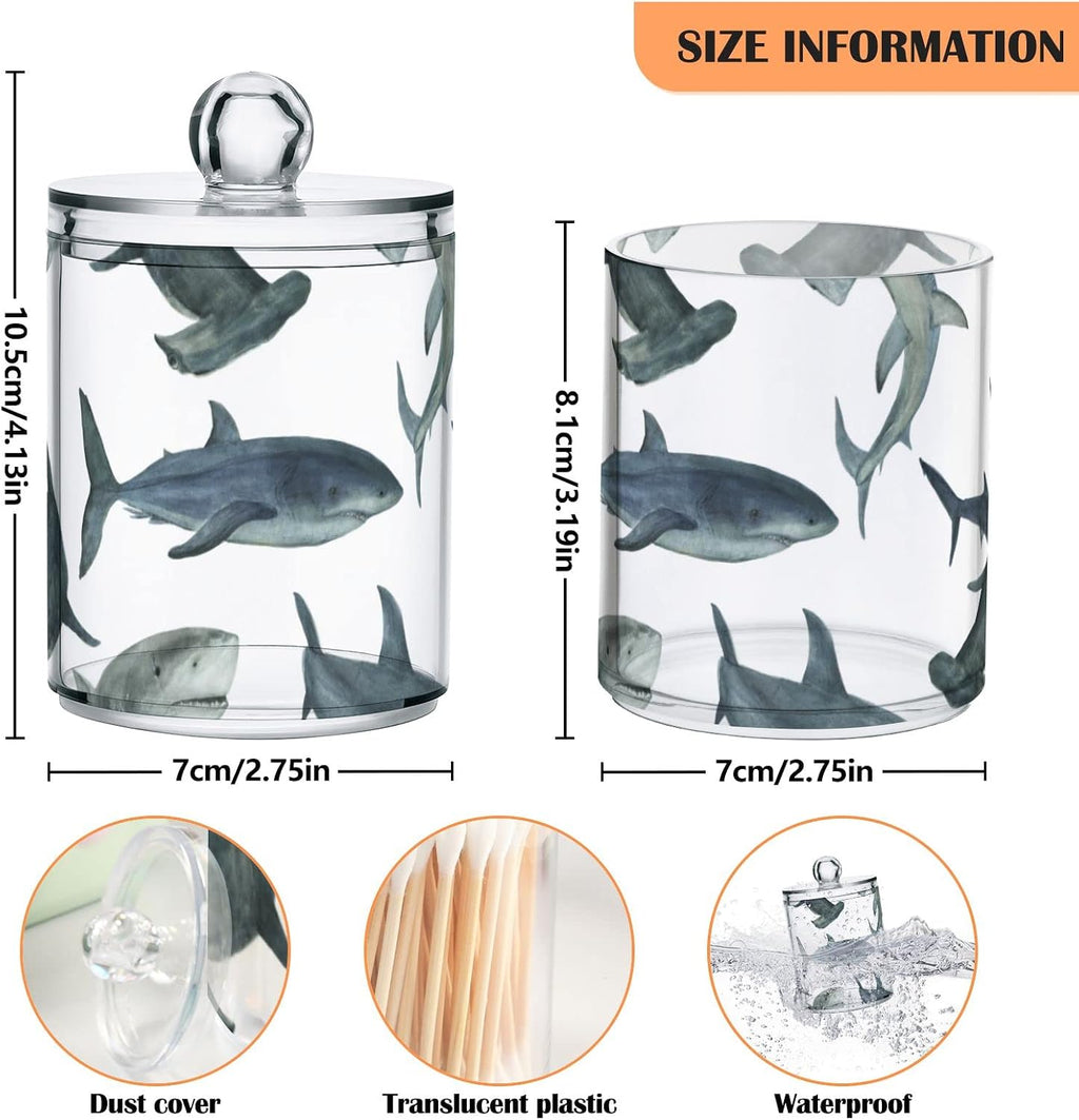 2 Pack Watercolor Sharks Apothecary Jars with Lid, Qtip Holder Storage Jars for Cotton Ball, Cotton Swab, Cotton Round Pads, Clear Plastic Canisters for Bathroom Vanity Organization (10 Oz)